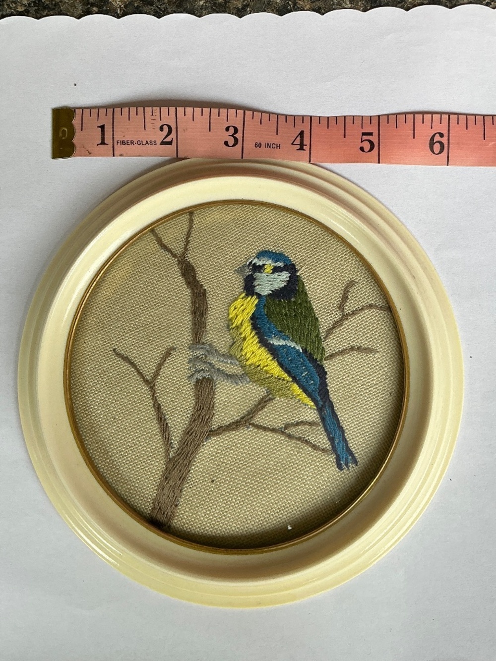 Vintage Handcrafted Bird Embroidery Wall Art in Cream Frame | Glass Covered